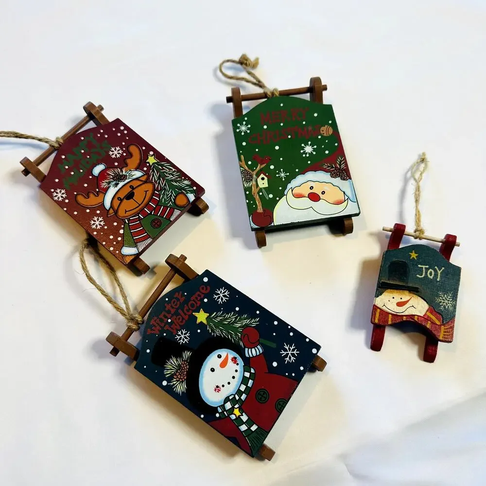 Primitive Farmhouse Christmas Bundle Of 4 Wooden Sled Tree Ornaments